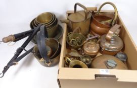 Set of three graduating brass pans other brass and copper pans, watering can, jubilee copper kettle,
