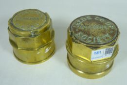 Two brass hub caps; 'J.