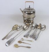 WMF kettle on spirit burner stand, hallmarked silver gilt teaspoon,