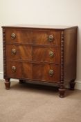 19th century figured mahogany three drawer chest, turned feet, W93cm, H88cm,