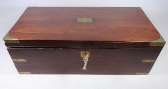 Mahogany and brass bound writing slope with black leather interior, inkwells, nibs,