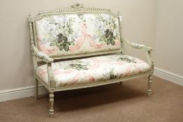 Louis XVI style French two seat settee upholstered in floral fabric,