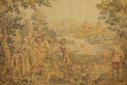 Large machine woven tapestry depicting a landscape and hunting scene in oak frame,