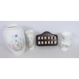 Set of twelve Royal Crown Derby Chatsworth collection thimbles with stand and three Aynsley vases