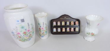 Set of twelve Royal Crown Derby Chatsworth collection thimbles with stand and three Aynsley vases