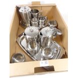 Two four piece Old Hall tea sets on trays and three other Old Hall stainless steel pieces in one