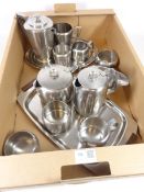 Two four piece Old Hall tea sets on trays and three other Old Hall stainless steel pieces in one