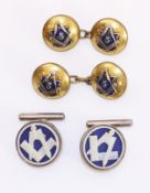 Masonic Interest - Pair silver and blue Jasper cuff links, decorated with square & compass,