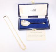 Graduating pearl necklace with stamped silver clasp and Silver maidenhead spoon hallmarked C J