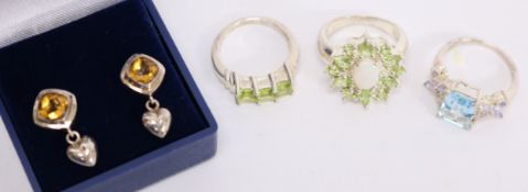 Three multi-stone set dress rings and pair of ear-rings stamped 925 Condition Report