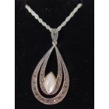 Mother of pearl and marcasite pendant necklace stamped 925