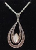 Mother of pearl and marcasite pendant necklace stamped 925