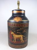 Large jar shaped tin table lamp with hand painted scene,