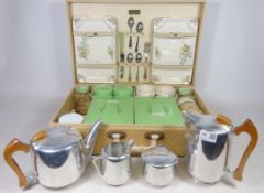 Four piece Picquot ware tea set and a Vintage picnic hamper Condition Report <a