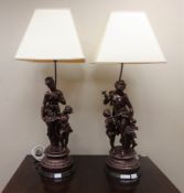 Pair of large spelter figural lamps with shades,