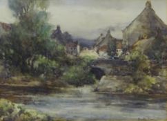 Village with River in the Foreground, watercolour signed by Bertha Rhodes (Carrick) (British exh.