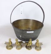 Brass jam pan and two pairs of brass pigeon paperweights etc Condition Report