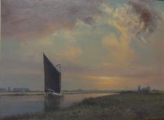 'A Wherry at Sundown River Bure Norfolk', oil on canvas board signed,