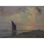 'A Wherry at Sundown River Bure Norfolk', oil on canvas board signed,