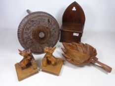 Pair of mid 20th Century carved wood Terrier bookends, oak Gothic style collection box,