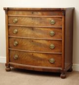 Victorian figured mahogany four drawer chest, turned half columns with carved capitals and feet,