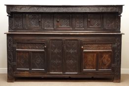 Large 18th century oak court cupboard, three cupboards above two cupboard doors,