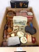 Vintage wicker sewing box, Smiths Bakelite alarm clock, Japanese lacquered glove box,