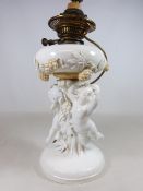 19th Century porcelain oil lamp, decorated with cherubs and vines, converted to electric,