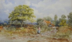 Figure Feeding Chickens Along a Country Path, 19th/20th century watercolour unsigned 23.