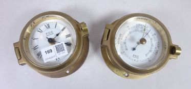 FCC Precision brass cased quarts clock and matching Barometer,