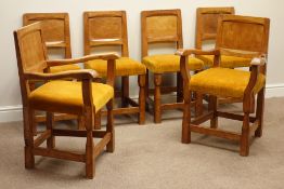 'Gnomeman' set six (4+2) oak dining chairs, adzed panelled backs,