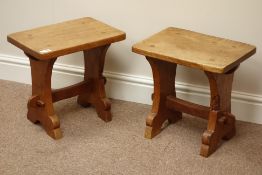 'Gnomeman' pair oak stool/side tables, rectangular adzed tops, shaped ends connected by stretchers,