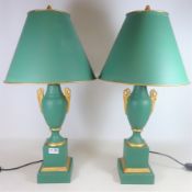 Pair of classical urn shape green and gilt table lamps,