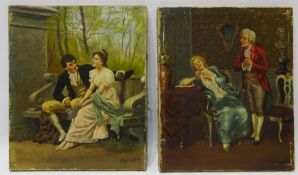 Courting Couples, two 19th/20th century Continental oils on canvas signed F Rekowsky 32cm x 26.