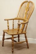 19th century elm high back Windsor armchair, pierced splat and stick back,