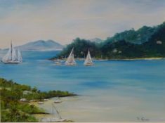 Sailing Yachts in a Continental Landscape, oil on canvas indistinctly signed K.