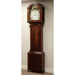19th century figured mahogany longcase clock, canted corners with turned quarter columns,