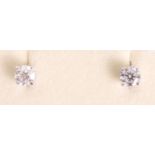 Pair round brilliant cut diamond white gold ear-rings stamped 18k approx 1 carat total