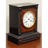 Victorian ebonised and amboyna wood mantel clock, gadroon frieze moulding,