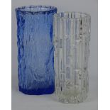 Whitefriars type clear glass vase Textured vase and a similar blue glass Bark vase,
