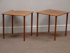 GP Farum Denmark - pair square teak side tables, brass detail, 45cm x 45cm,