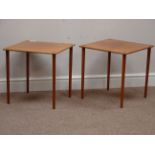 GP Farum Denmark - pair square teak side tables, brass detail, 45cm x 45cm,