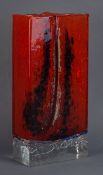 Murano red glass slab side vase with clear base, signed Carlo Moretti,