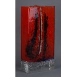 Murano red glass slab side vase with clear base, signed Carlo Moretti,