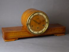 Art Deco walnut cased mantel clock, circular with baton numerals,