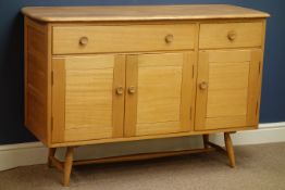 1950s Ercol 'Windsor' elm sideboard, two drawers, double and single cupboards, W123cm, H83cm,