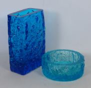 Whitefriars kingfisher blue glass slab vase and a pale blue 'bark' dish