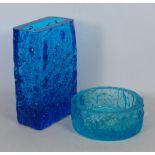 Whitefriars kingfisher blue glass slab vase and a pale blue 'bark' dish
