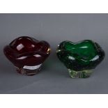 Whitefriars red glass Molar ash tray & a similar green ash tray,