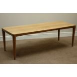 Danish teak rectangular coffee table with slide to end, tapering supports, 150cm x 60cm,